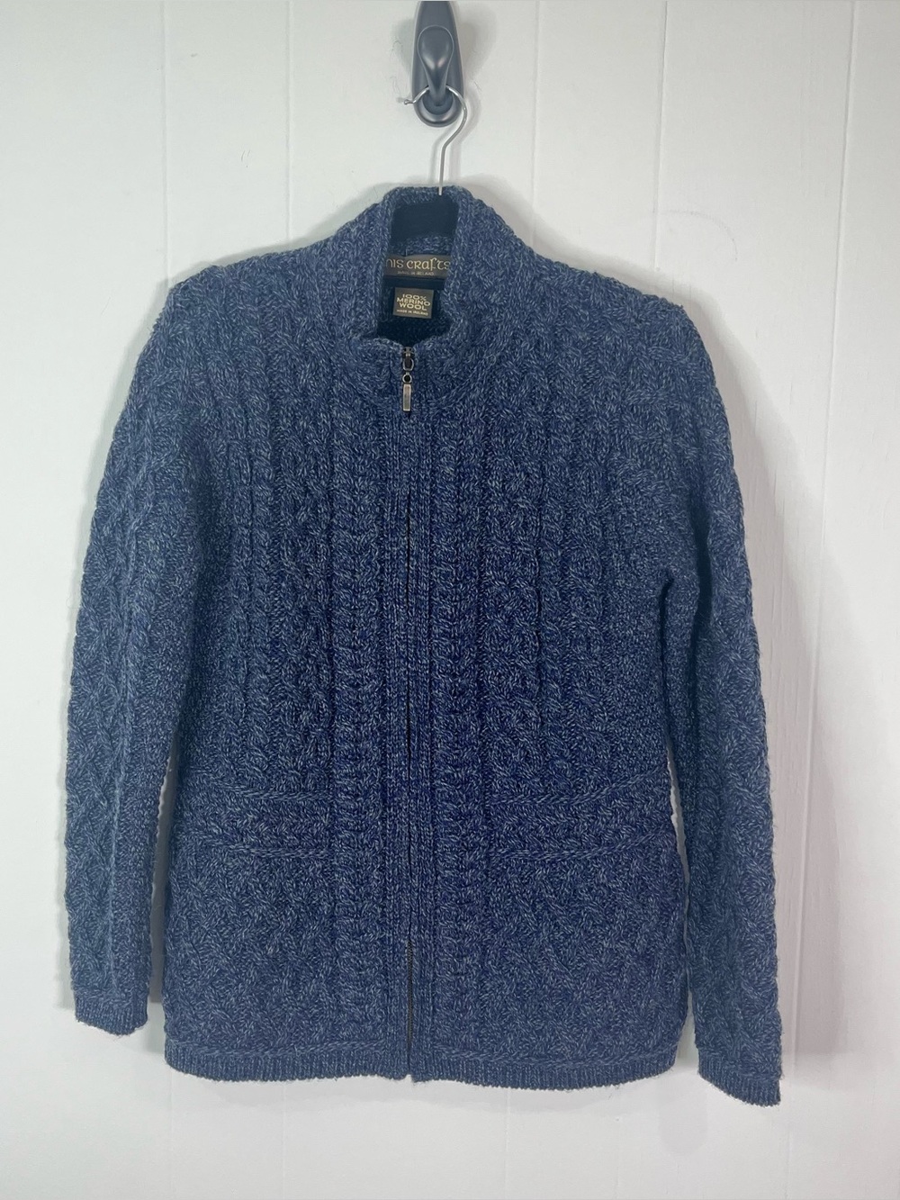 Inis Crafts 100% Merino Wool Irish Cable Knit Zip Cardigan Blue M Made Ireland